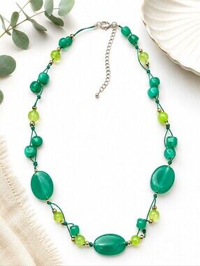 Green Glass Bead Statement Necklace Adjustable Boho Artisan Jewelry